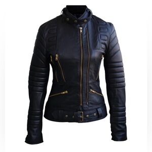 NWOT [Leather Skin] Black Brando Quilted Padded Genuine Leather Jacket Women’s L